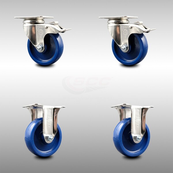 4 Inch 316SS Solid Polyurethane Swivel Top Plate Caster Lock Brake 2 Rigid, 2PK